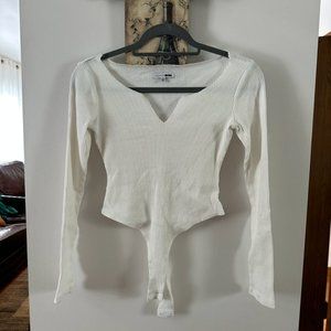 White Ribbed V-Neck Body Suit